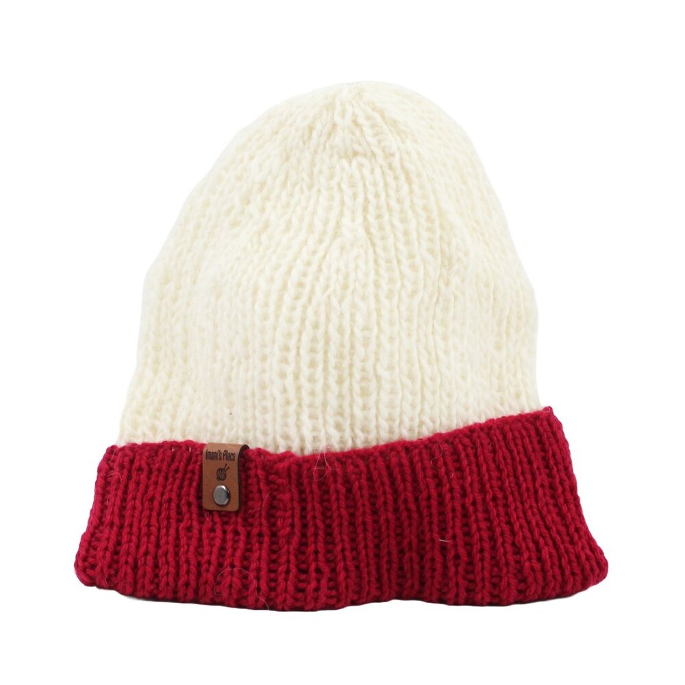 Handmade Hand Knit Rich Red and White Wool Ribbed Knit Beanie Hat